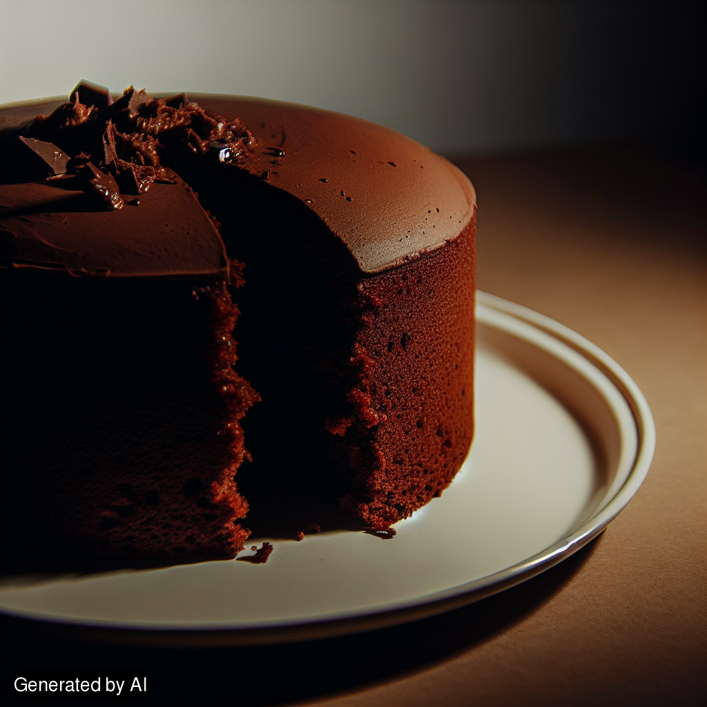 Imagine a delicious chocolate cake. It has a rich brown color, reflecting the cacao used to make it. The cake is covered with a velvety chocolate frosting, creating an irresistible contrast with the delicate, moist crumb inside. Small melting pieces of chocolate can be observed on the top of the cake, adding a textural variety. The cake stands on a simple white ceramic plate contrasted by the dark chocolatey hue of the dessert. The cake texture is alluring and signifies decadence and indulgence. The scene is lit softly, emphasizing the inviting nature of the delicious treat. - Generated by AI